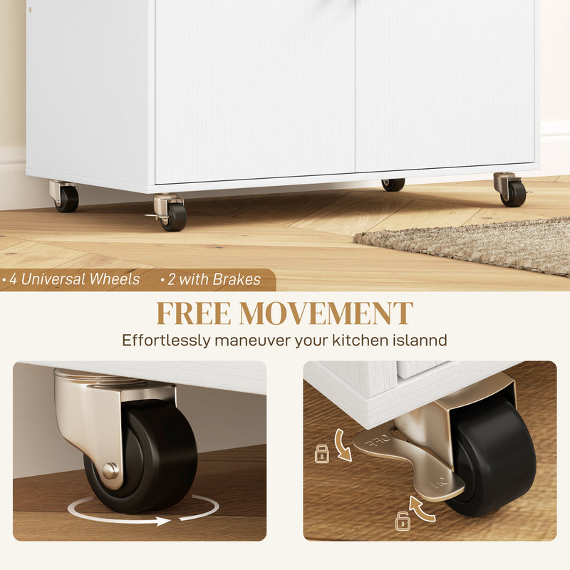 Rolling Kitchen Island Trolley with Drop Leaf Drawer and Storage Shelves White 106x42x87cm