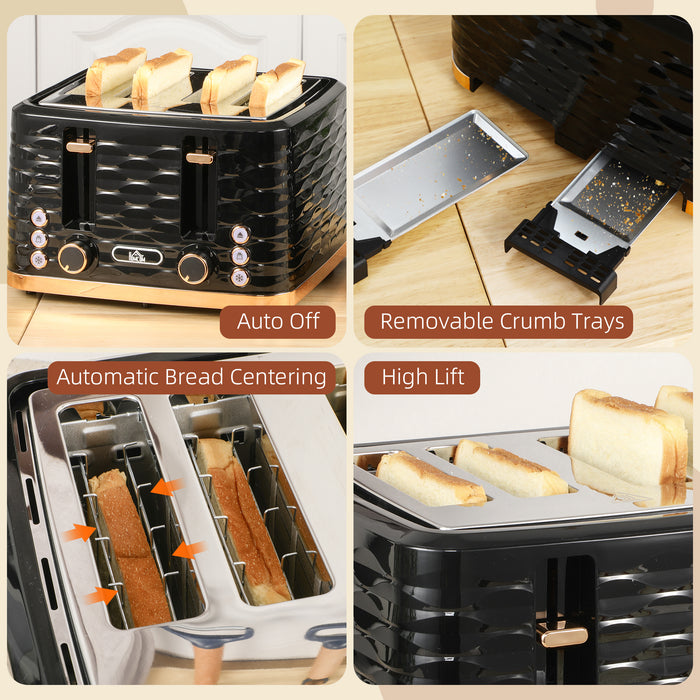 Black Four Slice Rippled Toaster with Adjustable Browning Control by HOMCOM