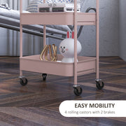 Pink Three Tier Steel Storage Trolley with Wheels for Home Office or Salon by HOMCOM