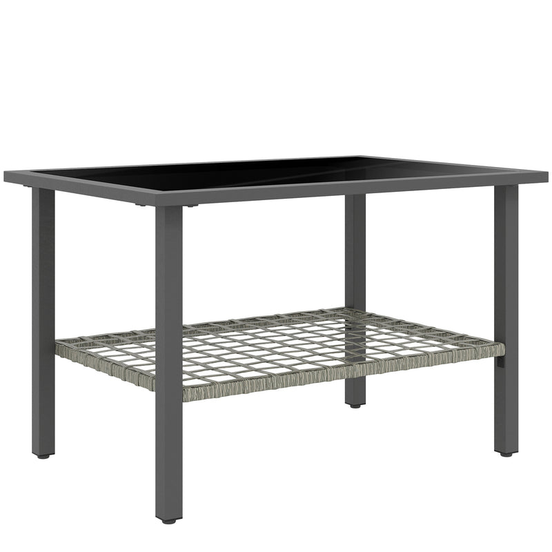 Outdoor Rattan Coffee Table with Tempered Glass Top and Storage Shelf for Patio Balcony Mixed Grey by Outsunny