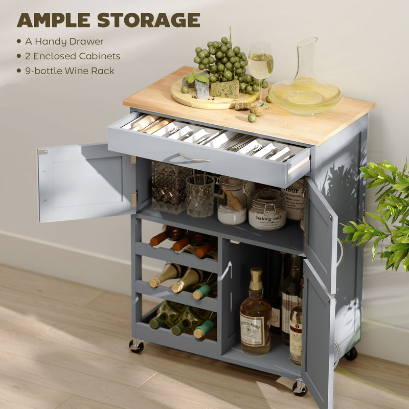 Kitchen Trolley with Storage Cabinets and Wine Rack for Extra Prep Space Grey