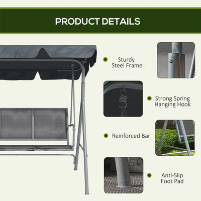 Patio Swing - 3 Seater Garden Swing Chair With Adjustable Canopy And Mesh Seat For Patio, Dark Grey Outsunny
