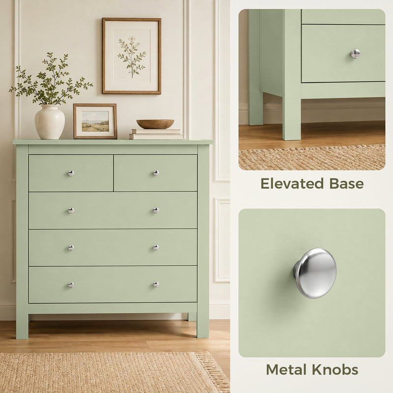 Chest of Drawers with 5 Wide Storage Drawers for Organising Bedroom Clothes Sage Green