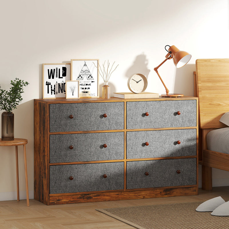 6 Drawer Fabric Chest of Drawers with Wooden Top for Bedroom Storage Grey and Rustic Brown