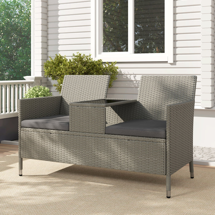 Grey 2 Seater Rattan Garden Bench with Centre Table by Outsunny