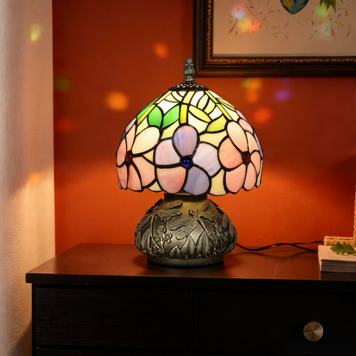 Tiffany Style Table Lamp with Dragonfly Base Handcrafted Stained Glass for Bedroom Pink