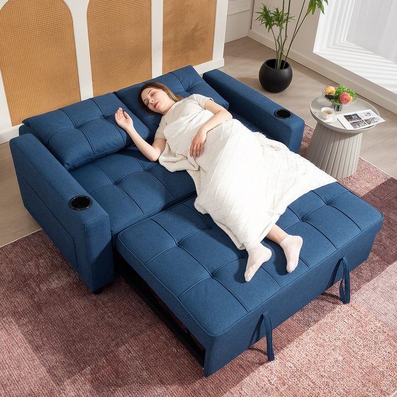2 Seater Sofa Bed with Storage Pockets and Full Size Pull Out Bed Dark Blue