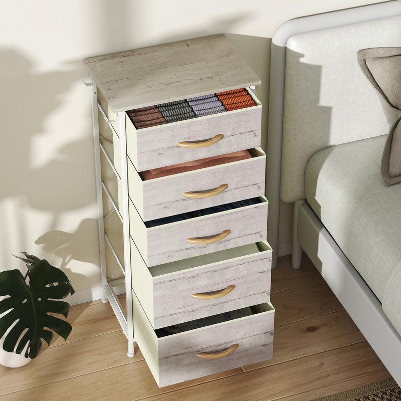 Tall Fabric Chest of 5 Drawers with Wood Frame Ideal for Bedroom Storage Natural Wood