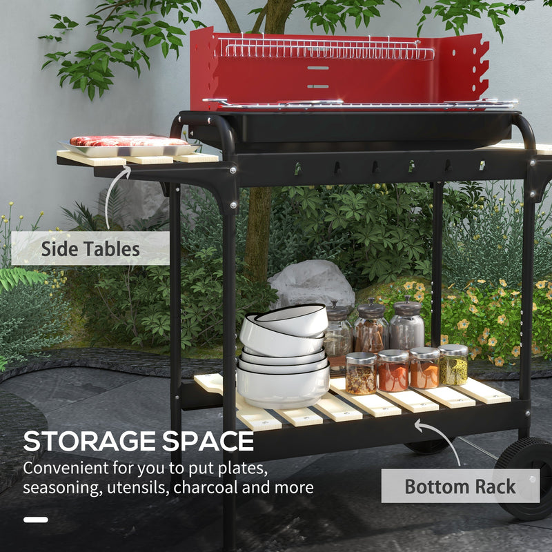 Red Charcoal BBQ Grill with Adjustable Grate Height for Outdoor Cooking