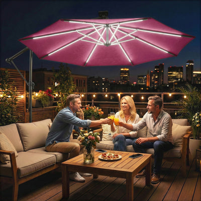 Cantilever Parasol with Lights and Adjustable Shade for Patios, Free Rain Cover, Wine Red Outsunny