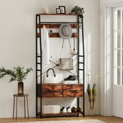 6 in 1 Industrial Hallway Organiser With Hooks and Shoe Bench For Entryway Brown Black