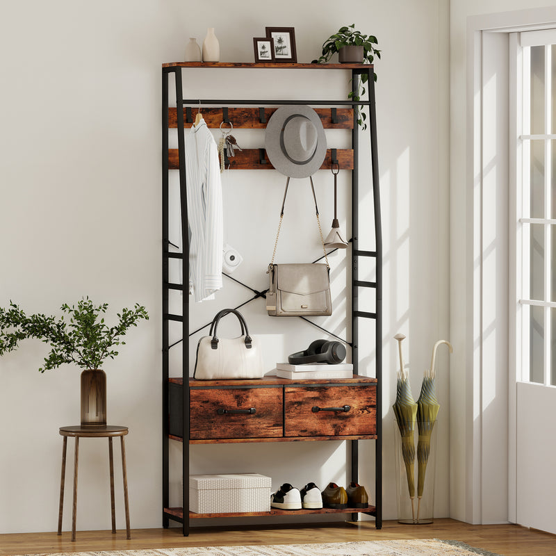 6 in 1 Industrial Hallway Organiser With Hooks and Shoe Bench For Entryway Brown Black