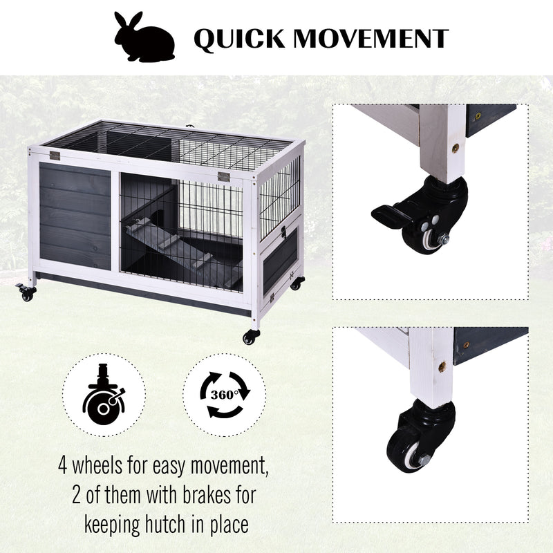 Indoor Wooden Rabbit Hutch with Lift Top for Guinea Pigs and Small Pets, Grey and White