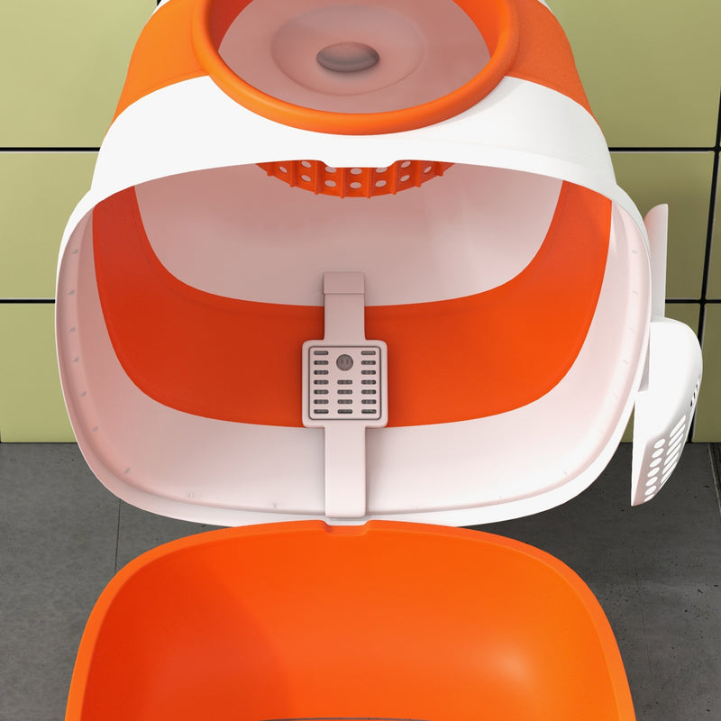 Foldable Cat Litter Tray with Lid Scoop and Deodoriser for Easy Cleaning, Orange