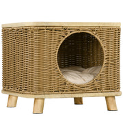 Elevated Wicker Cat House with Soft Washable Cushion Ideal for Indoor Use, Light Brown