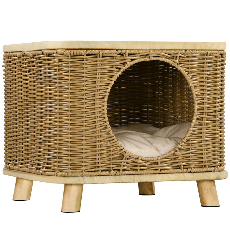 Elevated Wicker Cat House with Soft Washable Cushion Ideal for Indoor Use, Light Brown
