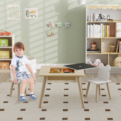 Kids Wooden Activity Table Set with 2 Chairs Convertible Desk and Storage Grid