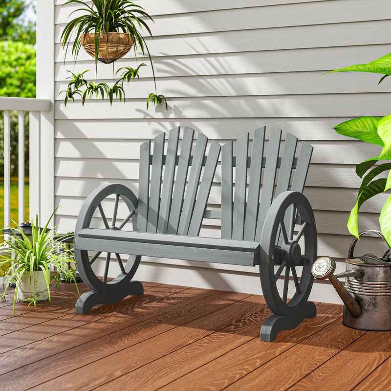 Grey Fir Wood Love Seat with Wheel Shaped Armrests and Sturdy Frame by Outsunny