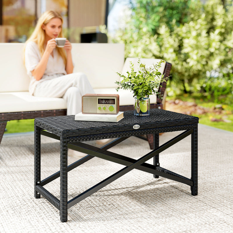 Rattan Garden Side Table with Sturdy Metal Frame for Outdoor Drinks and Snacks Black Outsunny