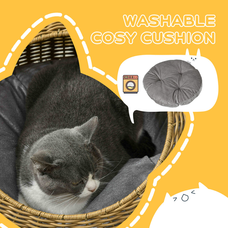 Wicker Cat House with Soft Washable Cushion Ideal for Indoor Use, Light Brown AOSOM