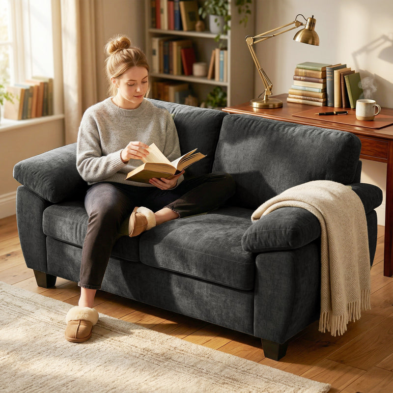 2 Seater Sofa for Small Spaces with Thick Cushions and Soft Chenille Fabric Dark Grey