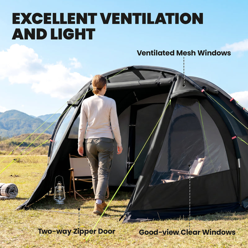 Outsunny 3-4 Man Tunnel Tent, Two Room Camping Tent with Windows, Portable Carry Bag, for Fishing, Hiking, Sports, Festival - Black