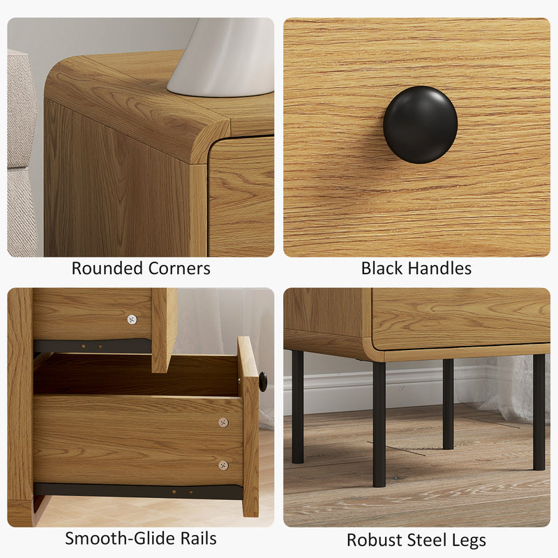 Bedside Table with Two Drawers and Steel Legs for Bedroom Storage Oak