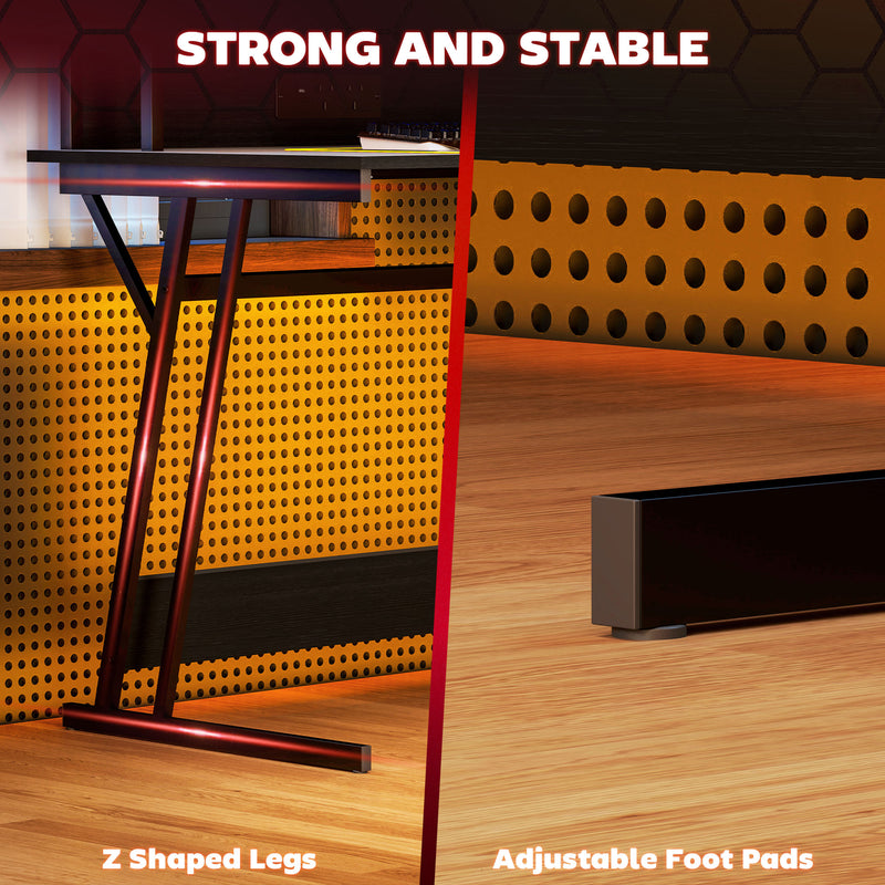 Black Gaming Desk with LED Lights and Power Outlets 100 x 60cm Z Shaped by HOMCOM