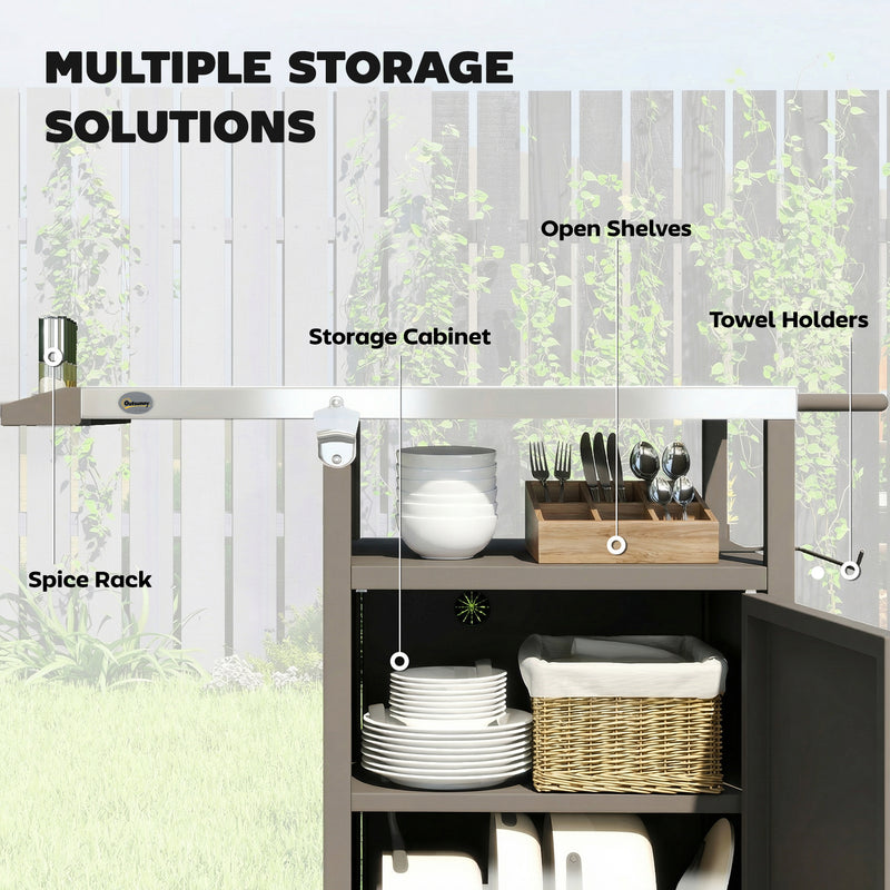 Garden BBQ Prep Table with Stainless Steel Top and Storage for Outdoor Cooking Brown