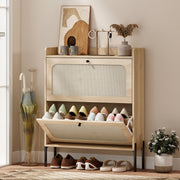 Boho Slim Shoe Cabinet for Narrow Hallways with 2 Flip Drawers and Adjustable Shelves Oak Black Homcom