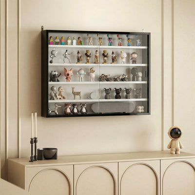 Wall Display Cabinet with Adjustable Shelves and Sliding Glass Doors for Ornaments Black AOSOM