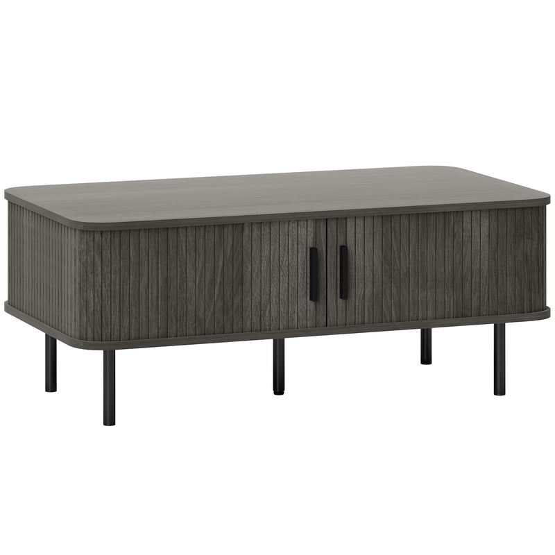 Rectangular Coffee Table With Storage And Sliding Slatted Doors For Living Room, Grey