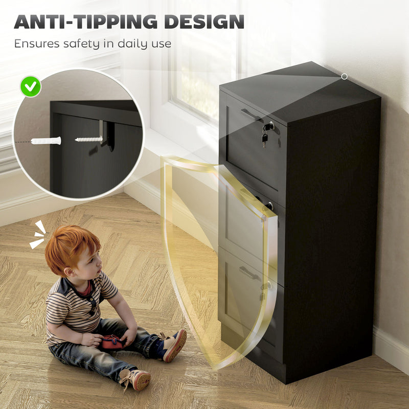 Black Lockable 3 Drawer Office Filing Cabinet With Smooth Rolling Wheels For Home Office 40W x 40D x 101H cm