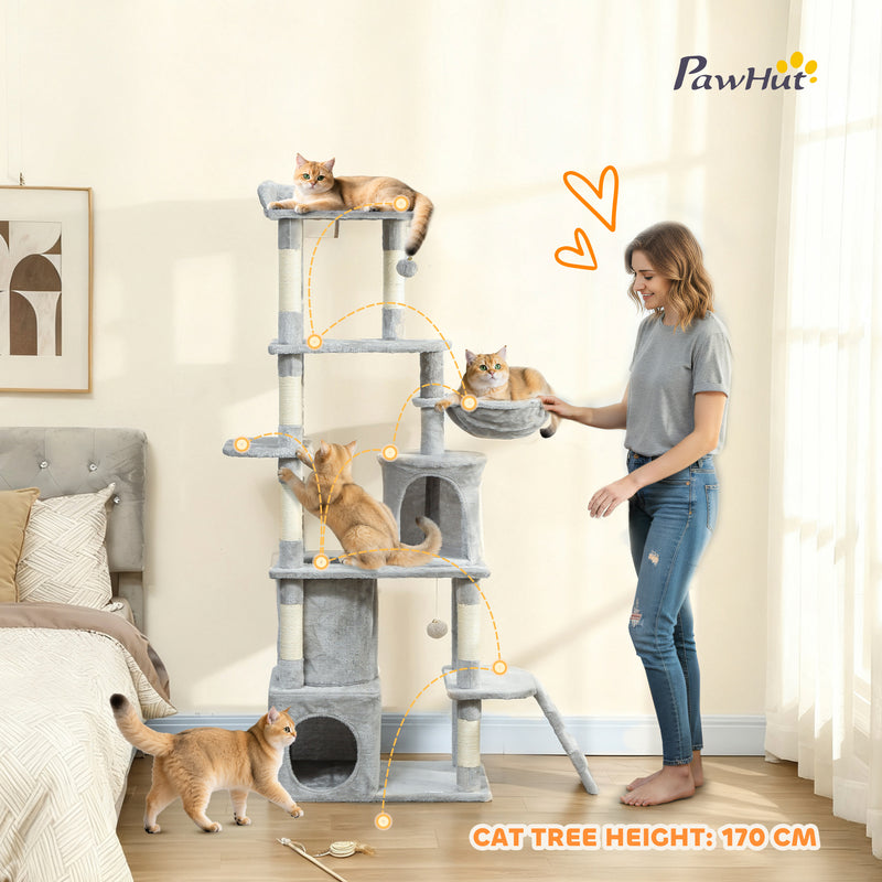 Large 170 cm Cat Tree Tower with Hammock Tunnel Condos and Scratching Posts Light Grey AOSOM