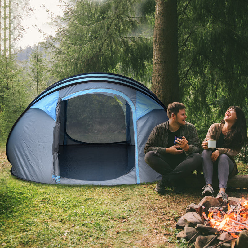 Outsunny 4 Person Pop-up Camping Tent, Family Dome Tent with Ground Sheet, 4 Windows and Portable Carry Bag for Beach Outdoor Trip, Sky Blue