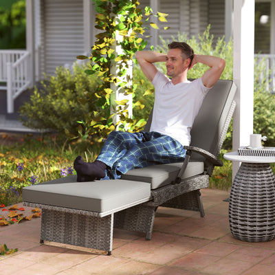 Grey Wicker Reclining Sun Lounger With Cushion for Garden, Pool, and Patio by Outsunny
