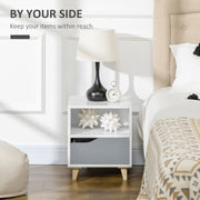 Set of 2 Bedside Tables with Storage Shelves and Drawers for Bedroom White and Grey AOSOM
