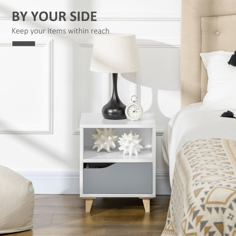 Set of 2 Bedside Tables with Storage Shelves and Drawers for Bedroom White and Grey AOSOM