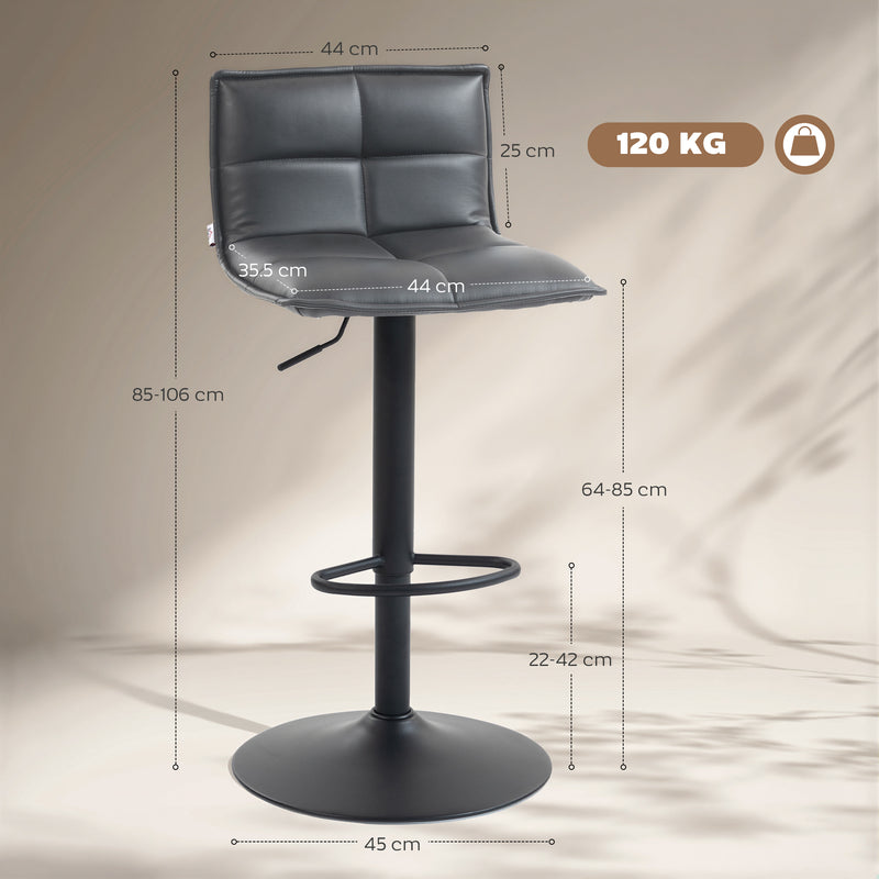 Set of Two Adjustable Faux Leather Bar Stools With Footrest For Kitchen Island Dark Grey