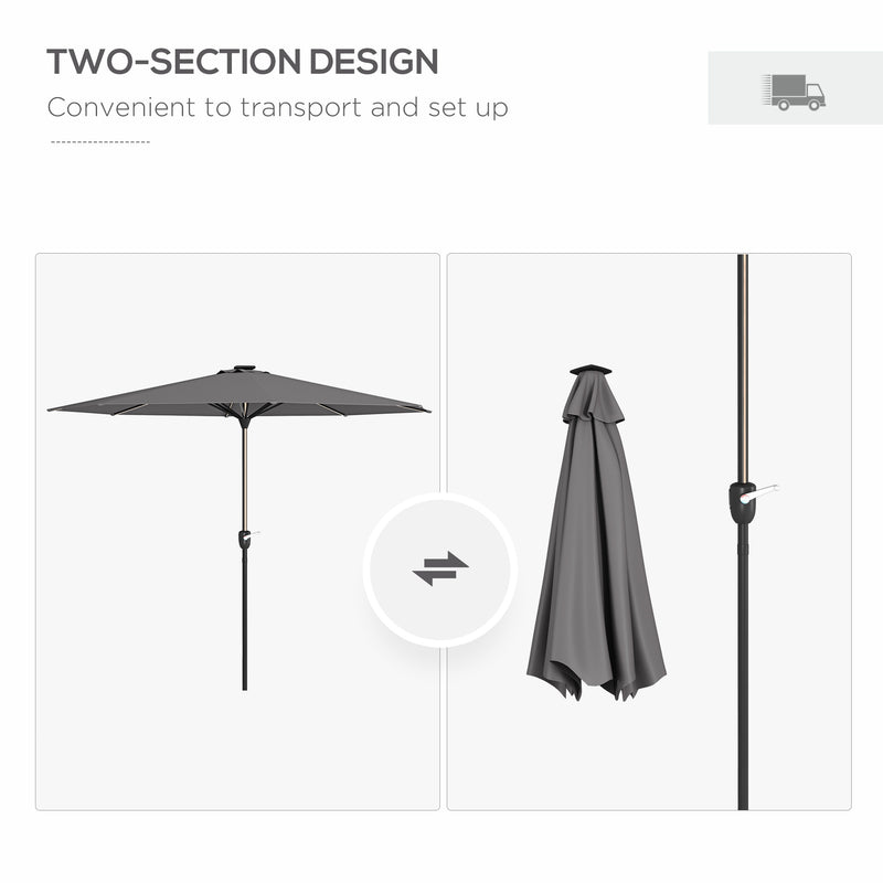Dark Grey 2.65m Garden Parasol With LED Lights For Shaded Outdoor Evenings