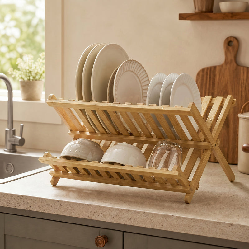 Foldable Bamboo Dish Drying Rack for Small Kitchens Two Tier Space Saving Natural Wood