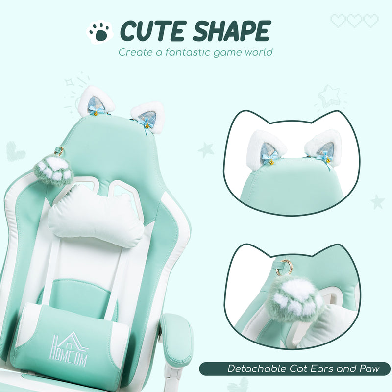 Reclining Office Chair with Cat Ear Design and Footrest for Home or Study Light Blue White