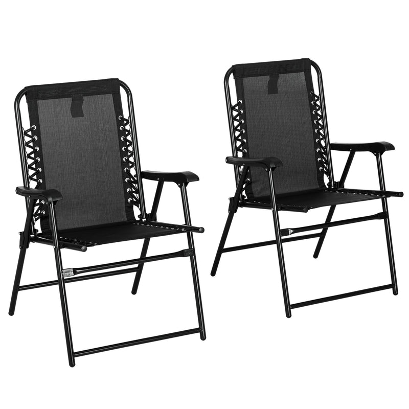 Black Folding Garden Lounger Chair Set of 2 With Armrests For Camping Or Beach Use