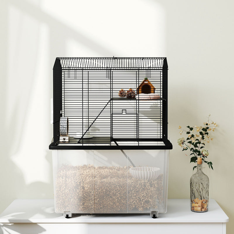 Three-Tier Gerbil and Hamster Cage With Wheels Deep Base Water Bottle by PawHut