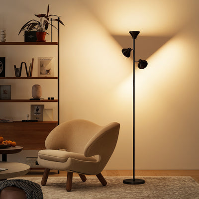 Adjustable Three Head Floor Lamp for Living Room or Office Reading Light Black