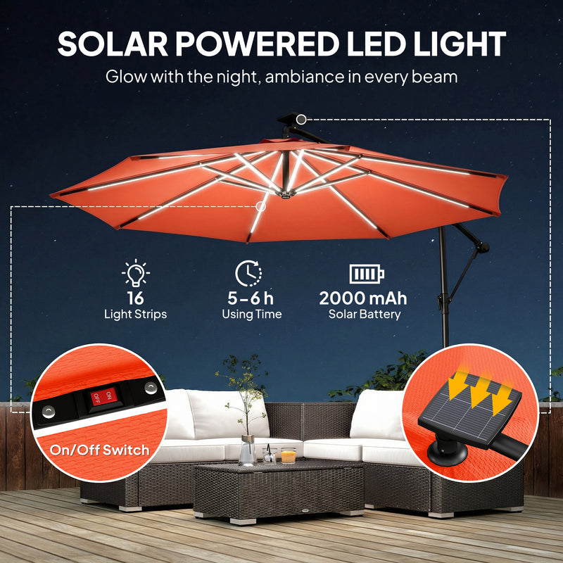 3m Cantilever Parasol Umbrella with Lights and Adjustable Shade For Patio or Garden, Orange