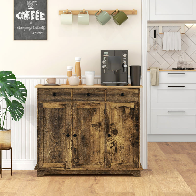 Rustic Brown Sideboard with Rubberwood Top and Adjustable Shelves for Kitchen Storage