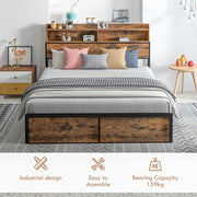King Size Industrial Bed Frame With Storage Headboard And Slatted Base Rustic Brown