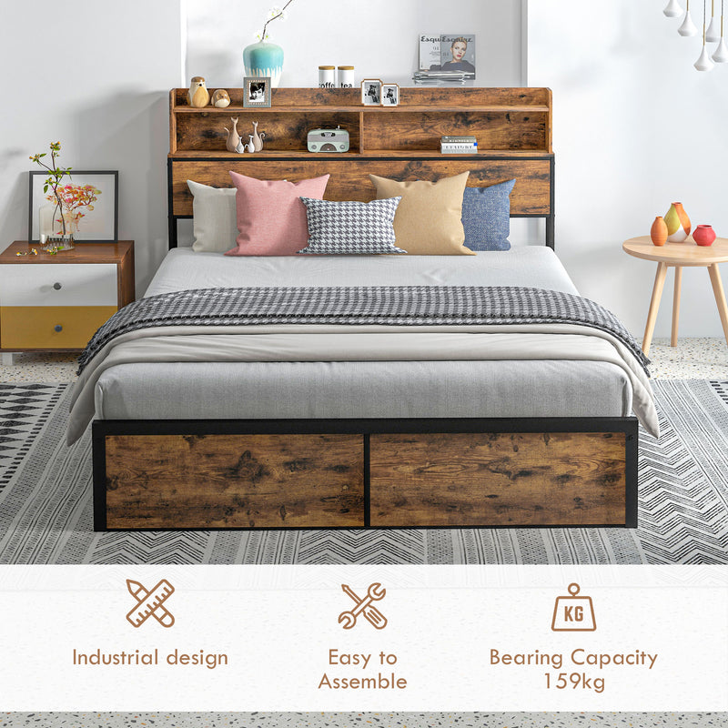 King Size Industrial Bed Frame With Storage Headboard And Slatted Base Rustic Brown