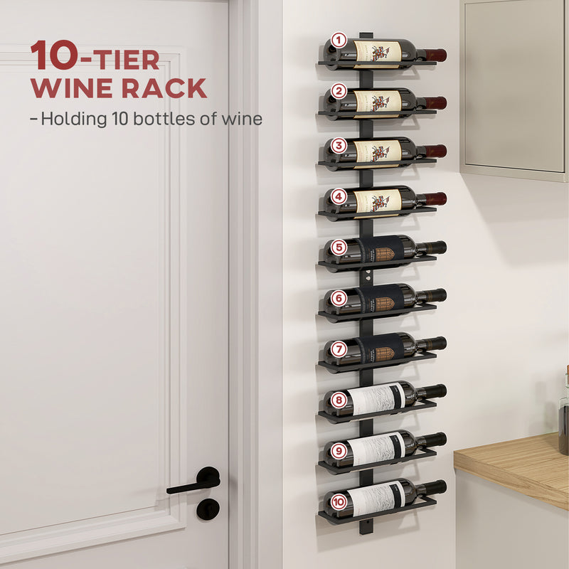 10 Tier Wall Mounted Wine Rack Steel Holds 10 Bottles for Kitchen Dining Room Home Bar Black by HOMCOM